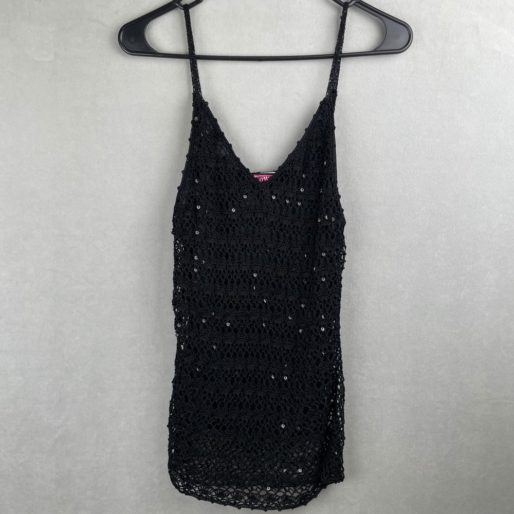 VTG Say What Black Crochet Sequin Camisole Top V-Neck Lined Y2K Fairy Grunge‎ S